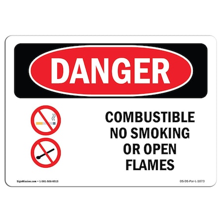 Signmission OSHA Danger Sign, 12" Height, 18" Width, Aluminum, Combustible No Smoking Or Open Flames, Landscape OS-DS-A-1218-L-1073
